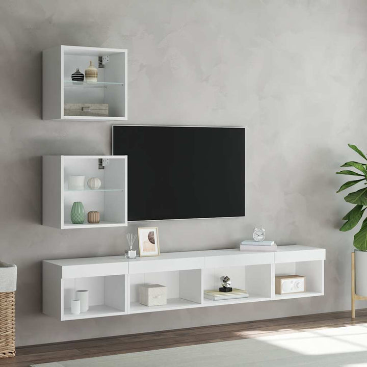 tv-møbel til væg 5 dele med LED-lys konstrueret træ hvid