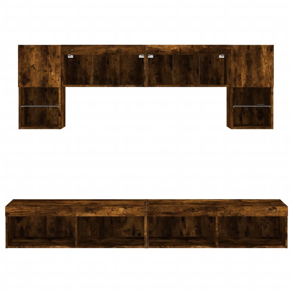 tv-møbel til væg 6 dele med LED-lys konstrueret træ røget eg