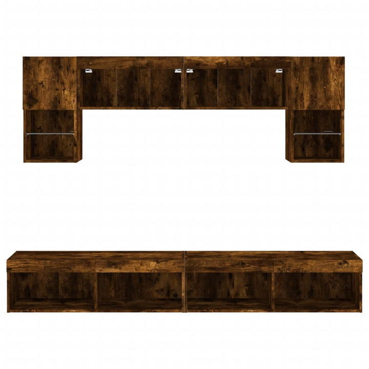 tv-møbel til væg 6 dele med LED-lys konstrueret træ røget eg