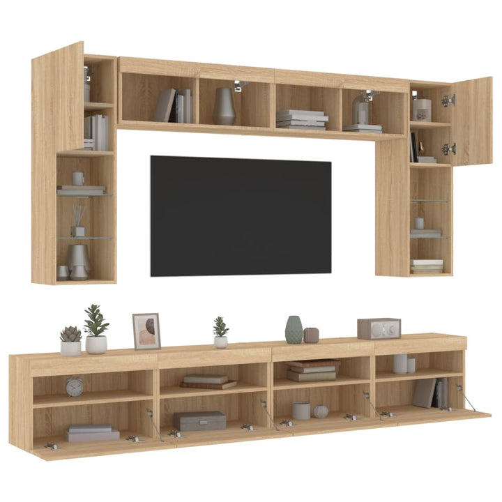 væghængt tv-møbel 8 dele med LED-lys sonoma-eg