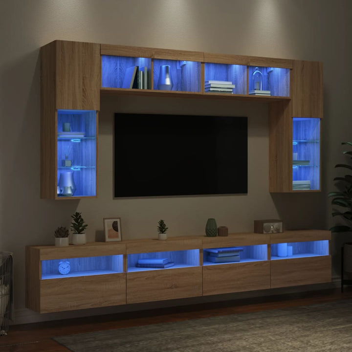 væghængt tv-møbel 8 dele med LED-lys sonoma-eg