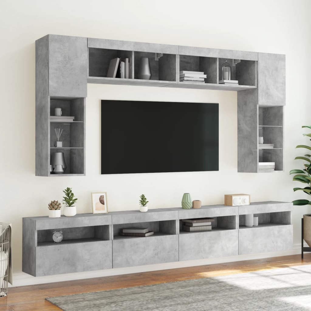 væghængt tv-møbel 8 dele med LED-lys betongrå