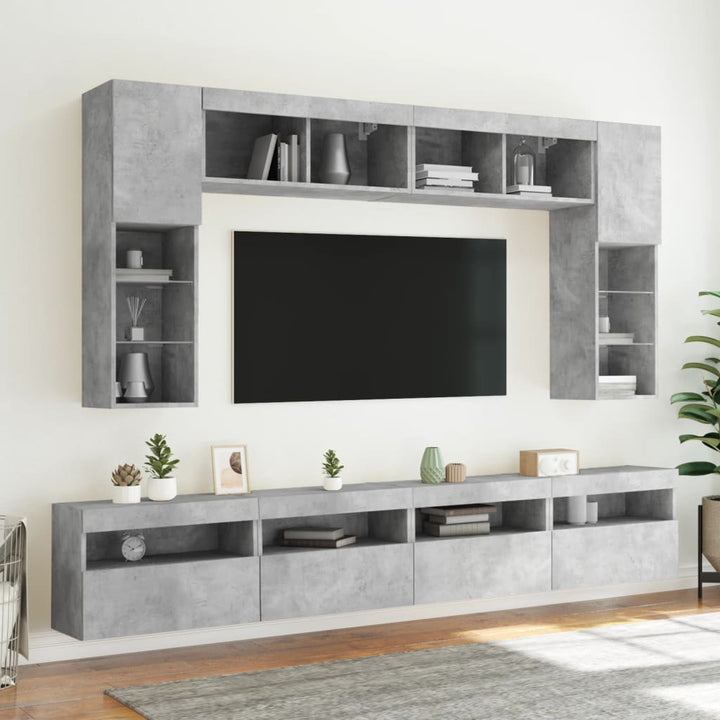 væghængt tv-møbel 8 dele med LED-lys betongrå