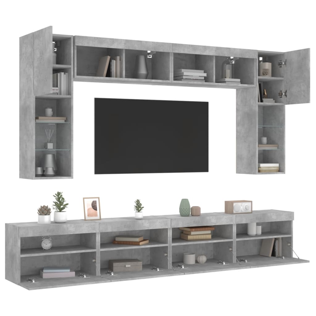 væghængt tv-møbel 8 dele med LED-lys betongrå