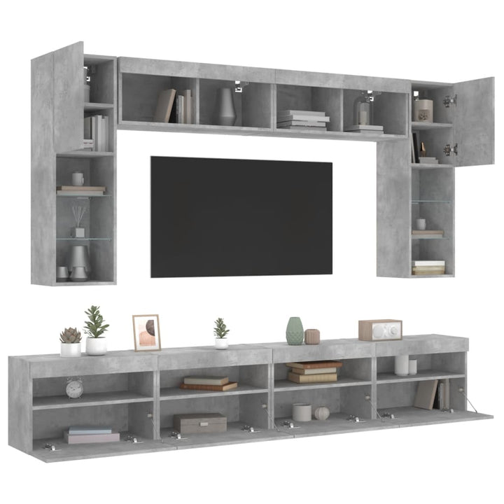 væghængt tv-møbel 8 dele med LED-lys betongrå