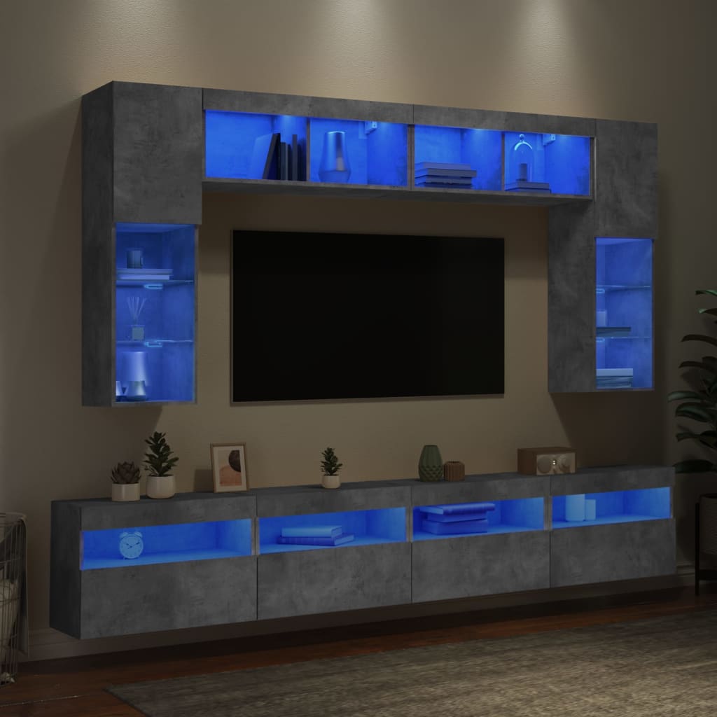væghængt tv-møbel 8 dele med LED-lys betongrå