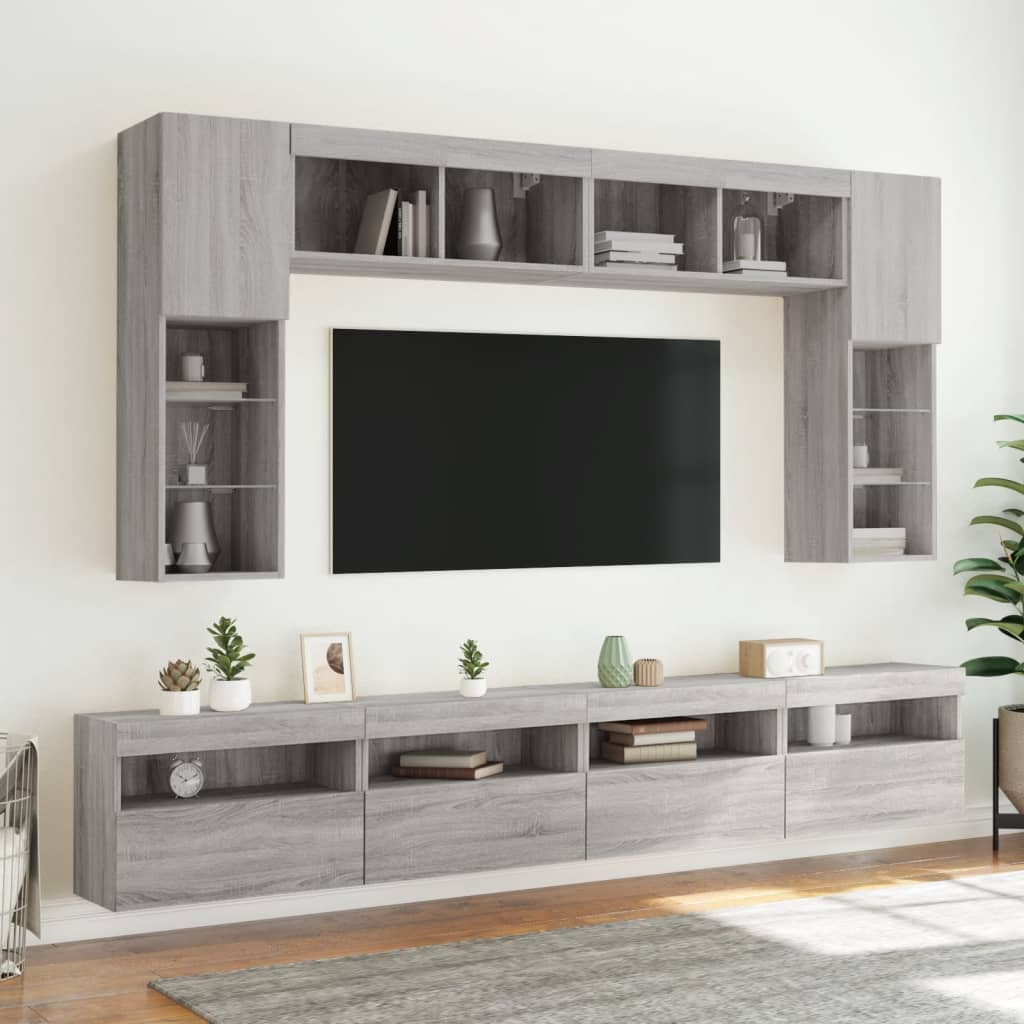 væghængt tv-møbel 8 dele med LED-lys grå sonoma-eg