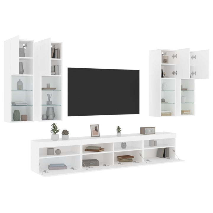væghængt tv-møbel 6 dele med LED-lys hvid