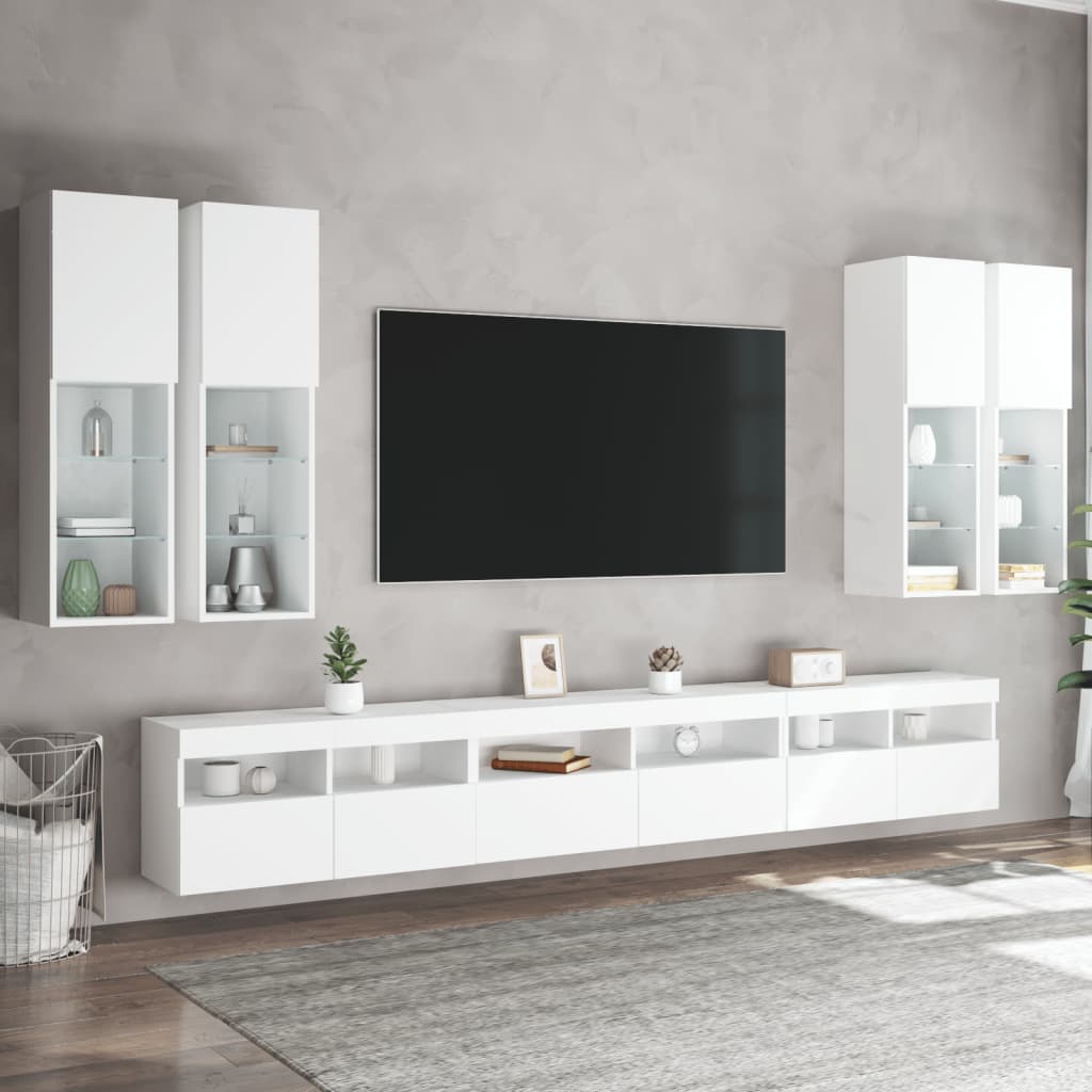 væghængt tv-møbel 6 dele med LED-lys hvid