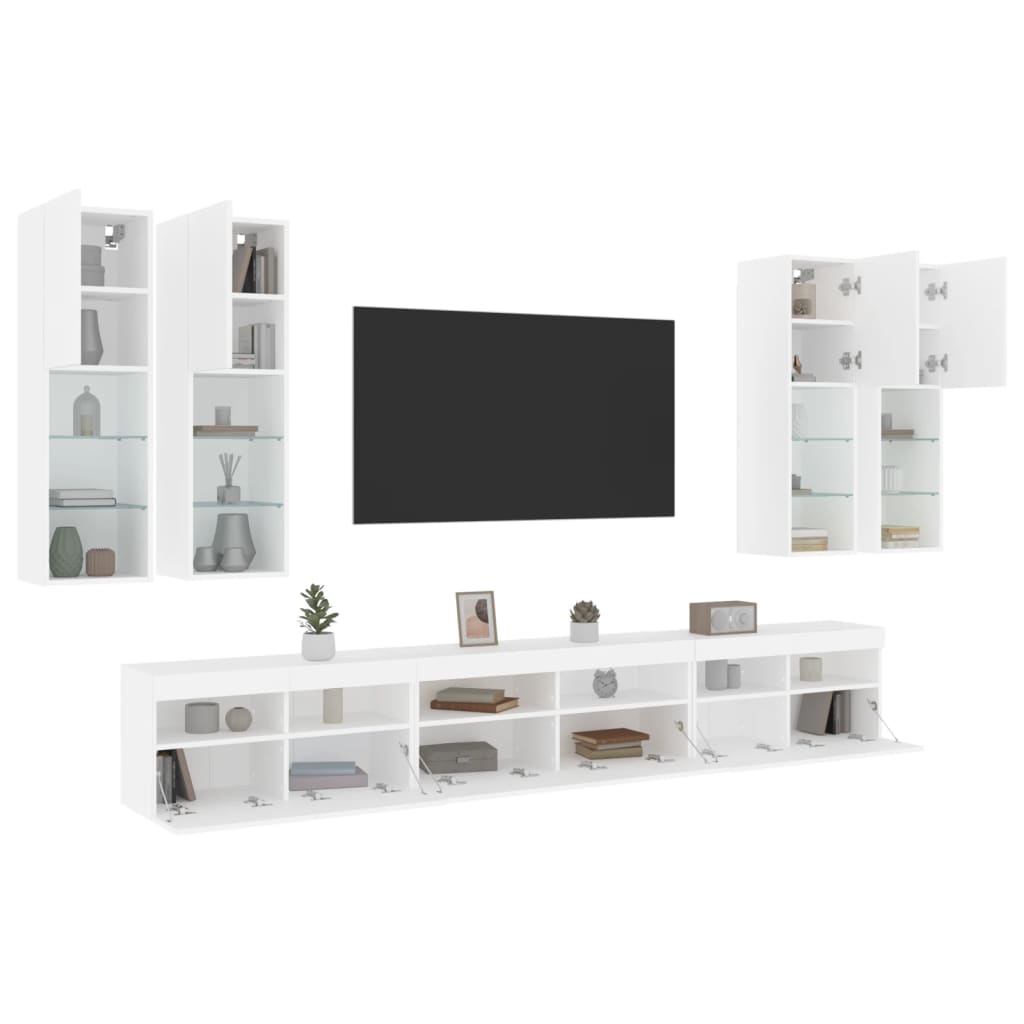 væghængt tv-møbel 6 dele med LED-lys hvid