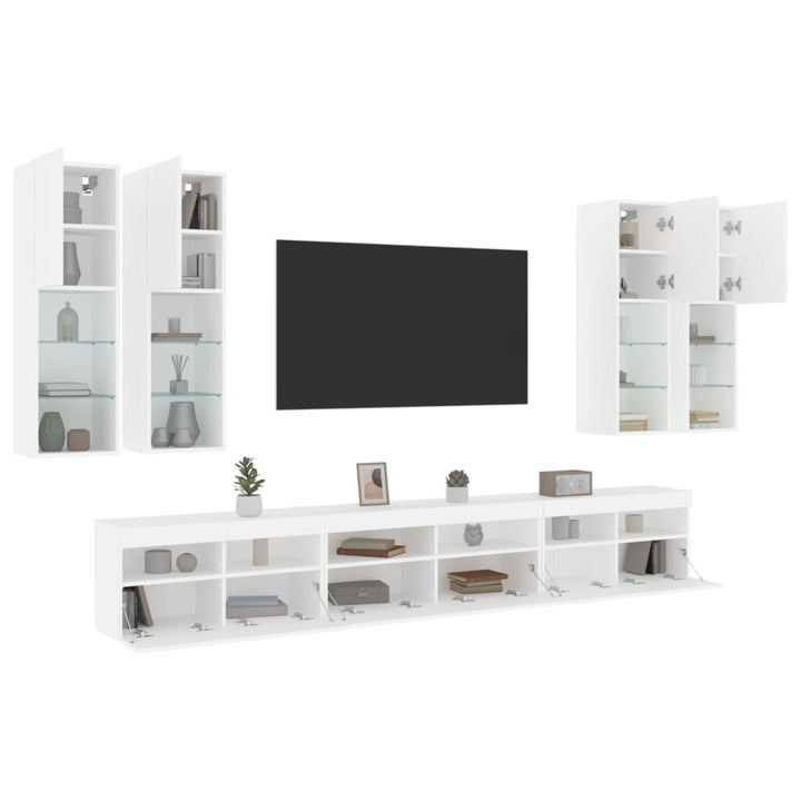 væghængt tv-møbel 6 dele med LED-lys hvid