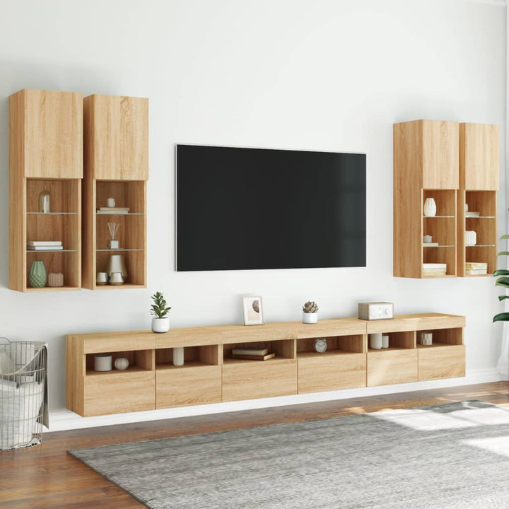 væghængt tv-møbel 7 dele med LED-lys sonoma-eg