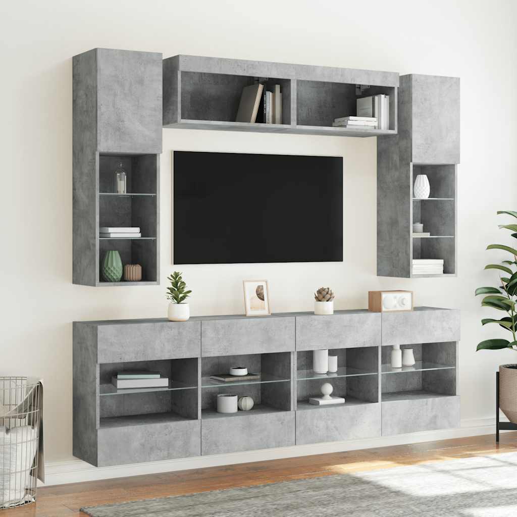 væghængt tv-møbel 6 dele med LED-lys betongrå