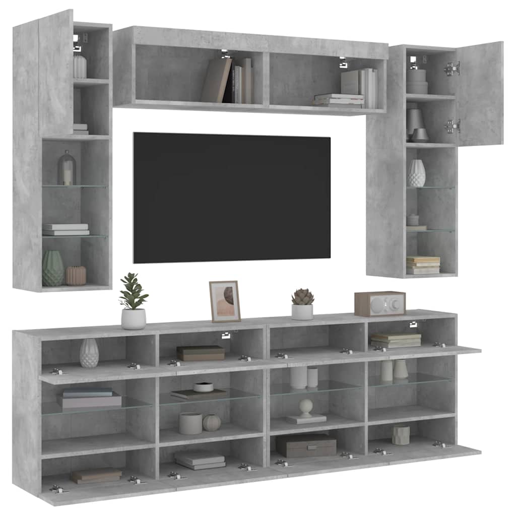 væghængt tv-møbel 6 dele med LED-lys betongrå