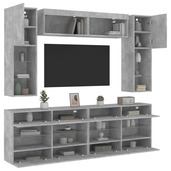 væghængt tv-møbel 6 dele med LED-lys betongrå