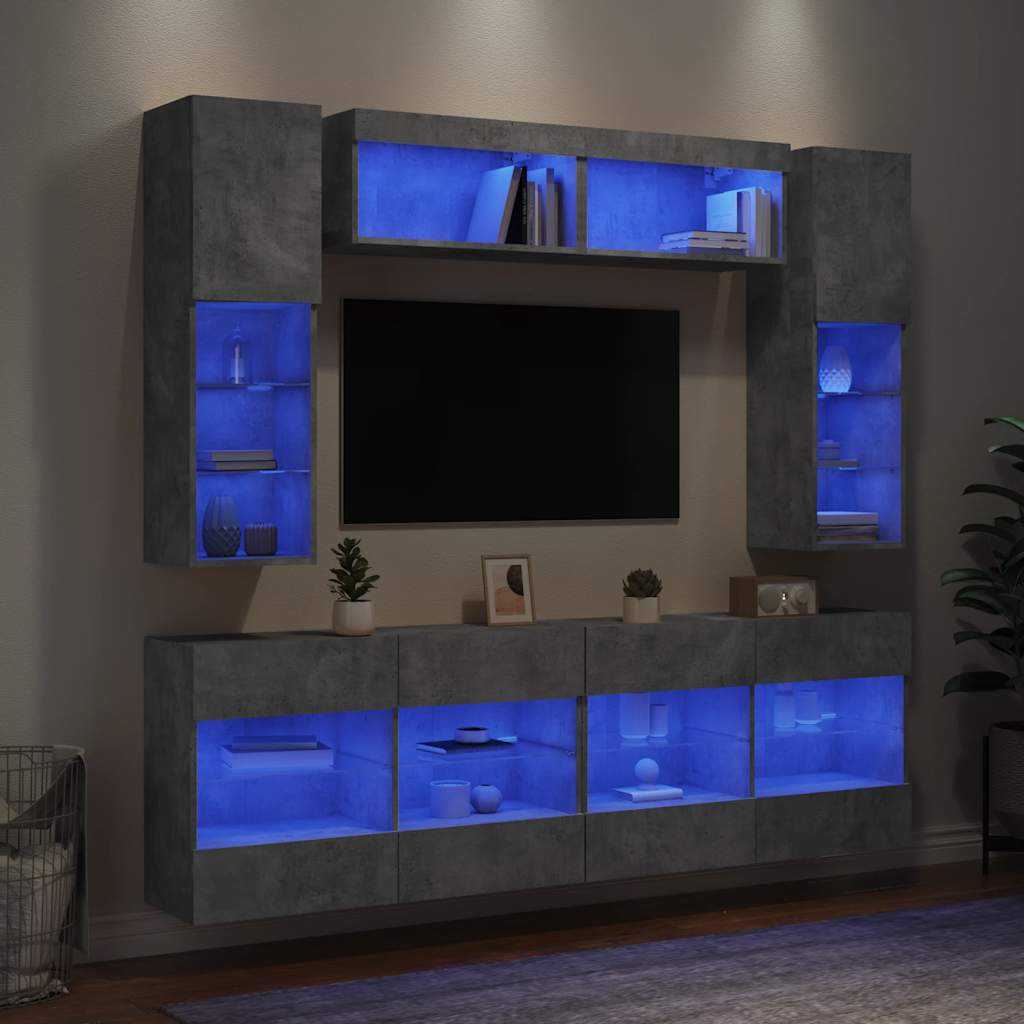 væghængt tv-møbel 6 dele med LED-lys betongrå