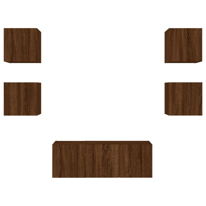 tv-møbel til væg 6 dele med LED-lys konstrueret træ brunt eg