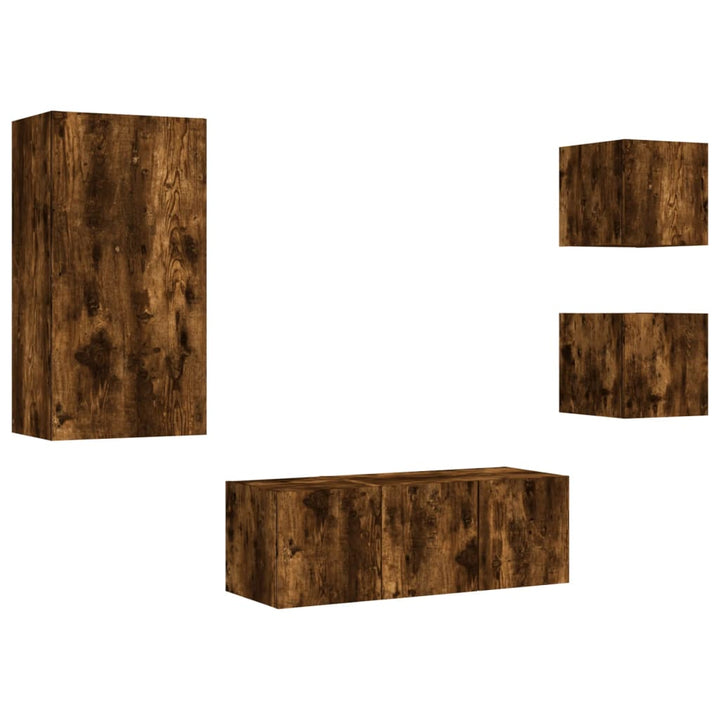 tv-møbel til væg 5 dele med LED-lys konstrueret træ røget eg