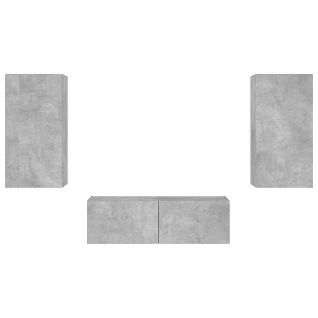 tv-møbel til væg 3 dele med LED-lys betongrå