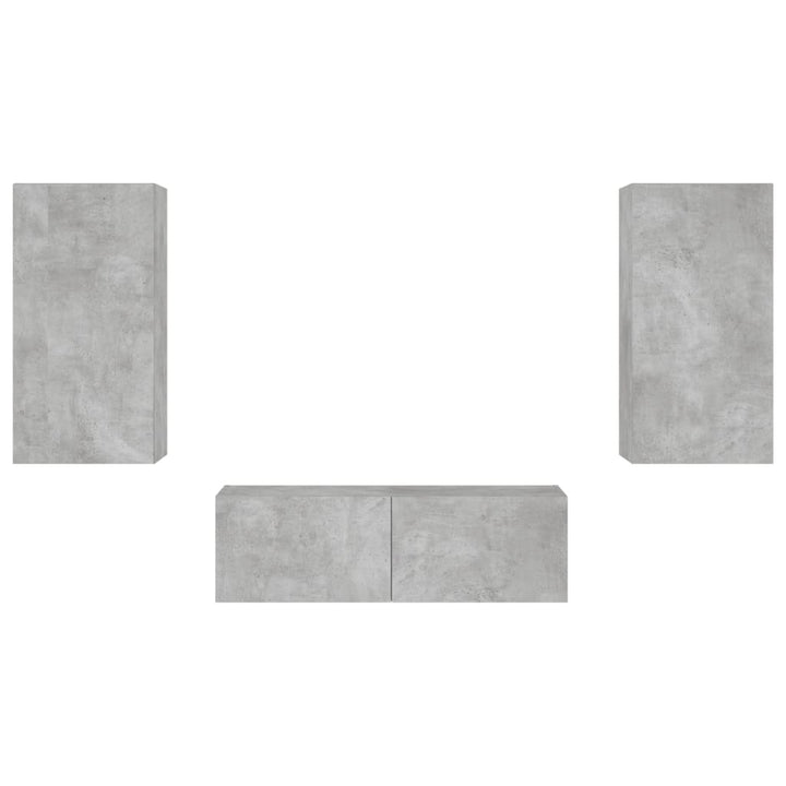 tv-møbel til væg 3 dele med LED-lys betongrå