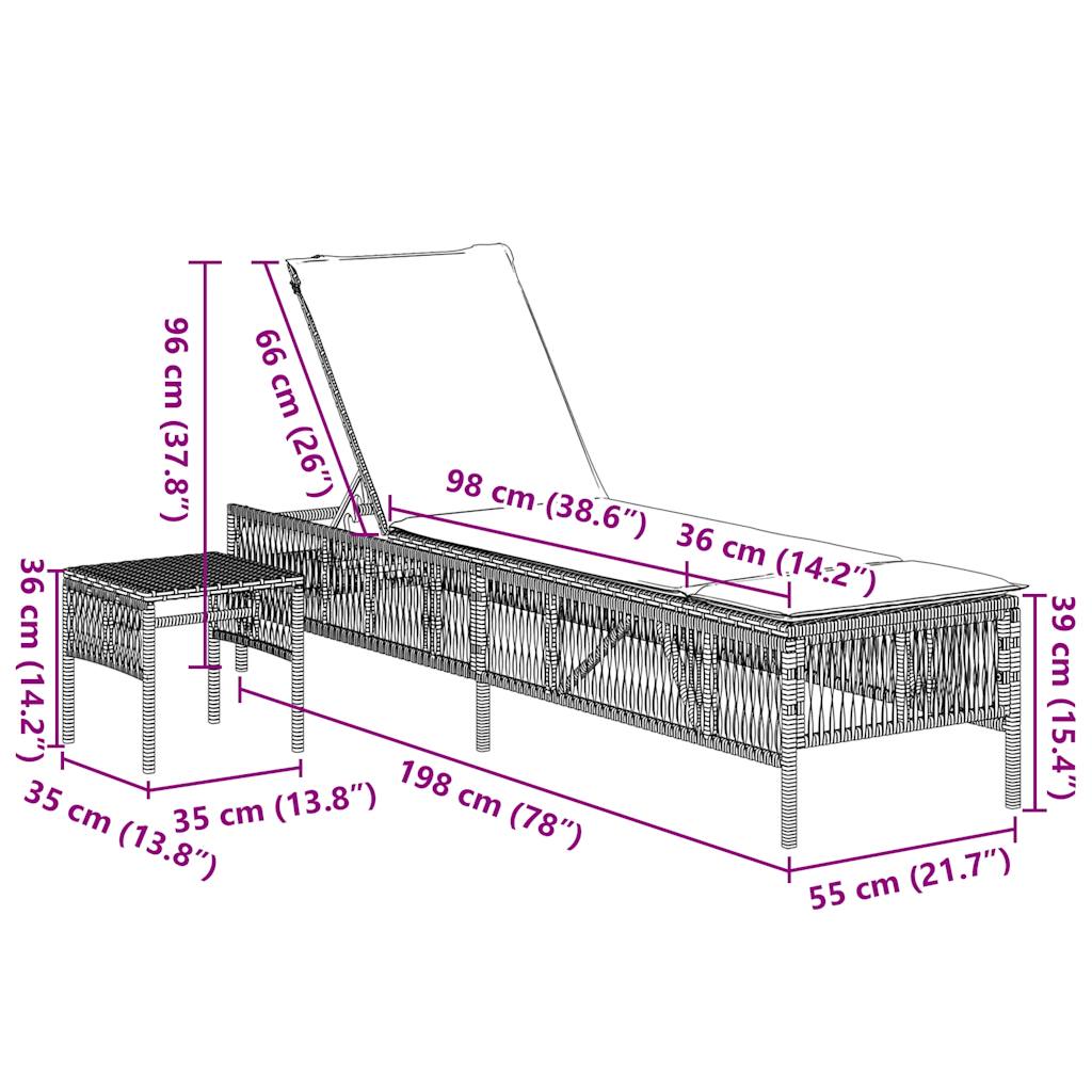 liggestole 2 stk. med bord sort polyrattan
