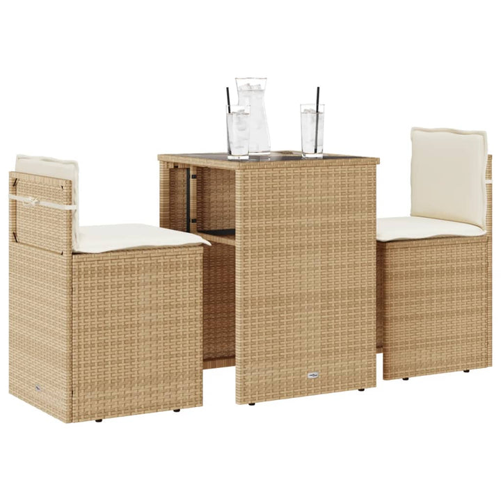 bistrosæt til haven 3 dele med hynder polyrattan beige