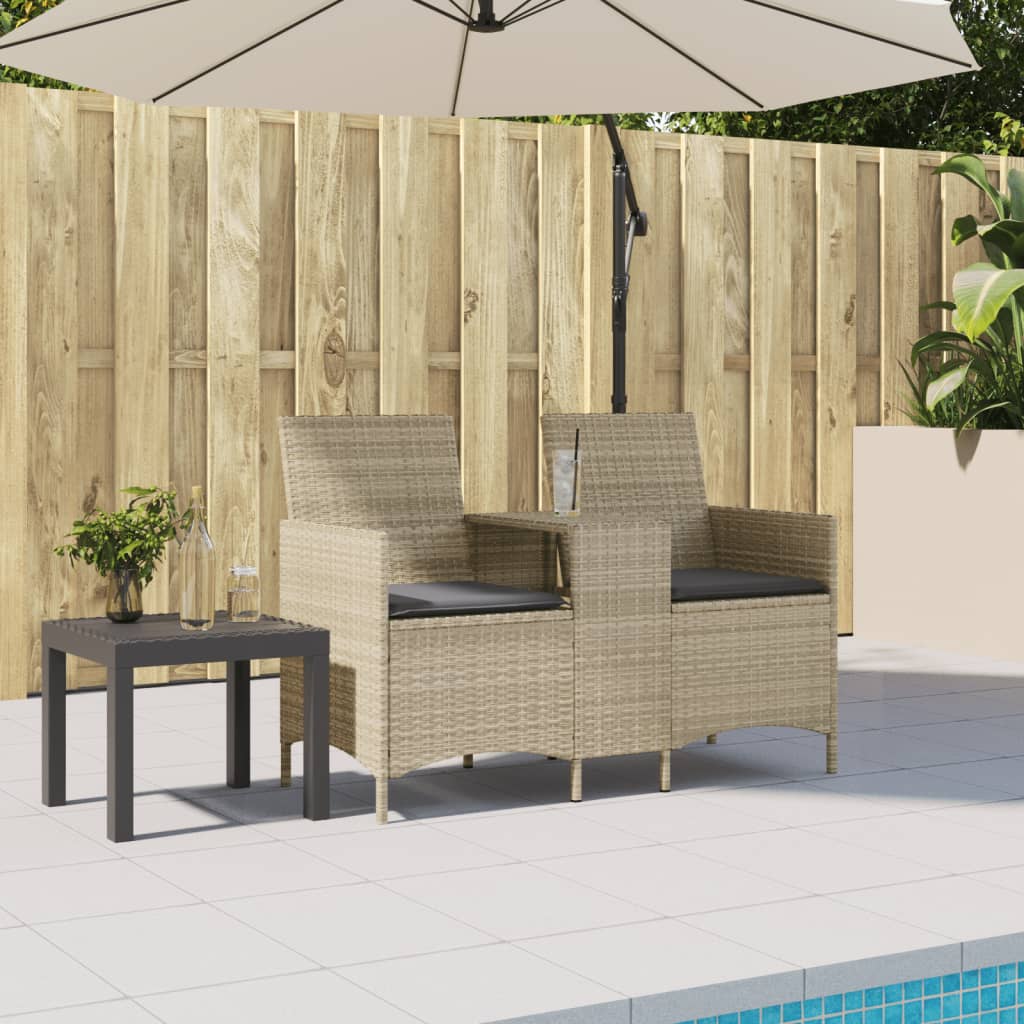 2-personers havesofa med bord og hynder polyrattan lysegrå