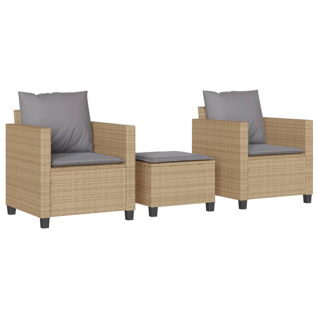 bistrosæt til haven 3 dele med hynder polyrattan beige