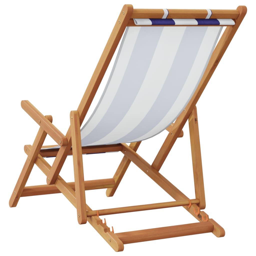 strandstol foldbar massivt eukalyptustræ og stof blå og hvid