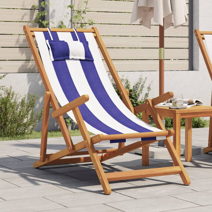 strandstol foldbar massivt eukalyptustræ og stof blå og hvid