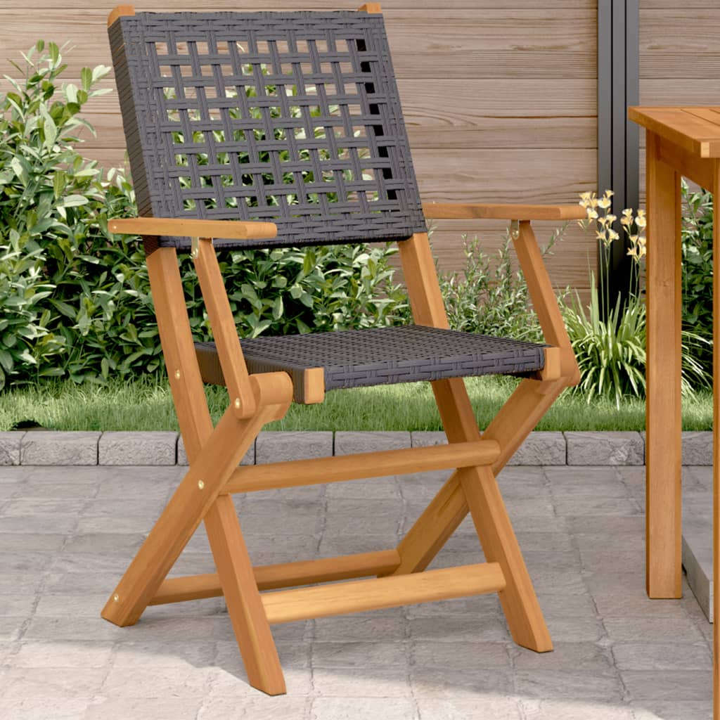 Klapstole 2 stk. sort massivt træ akacie og polyrattan