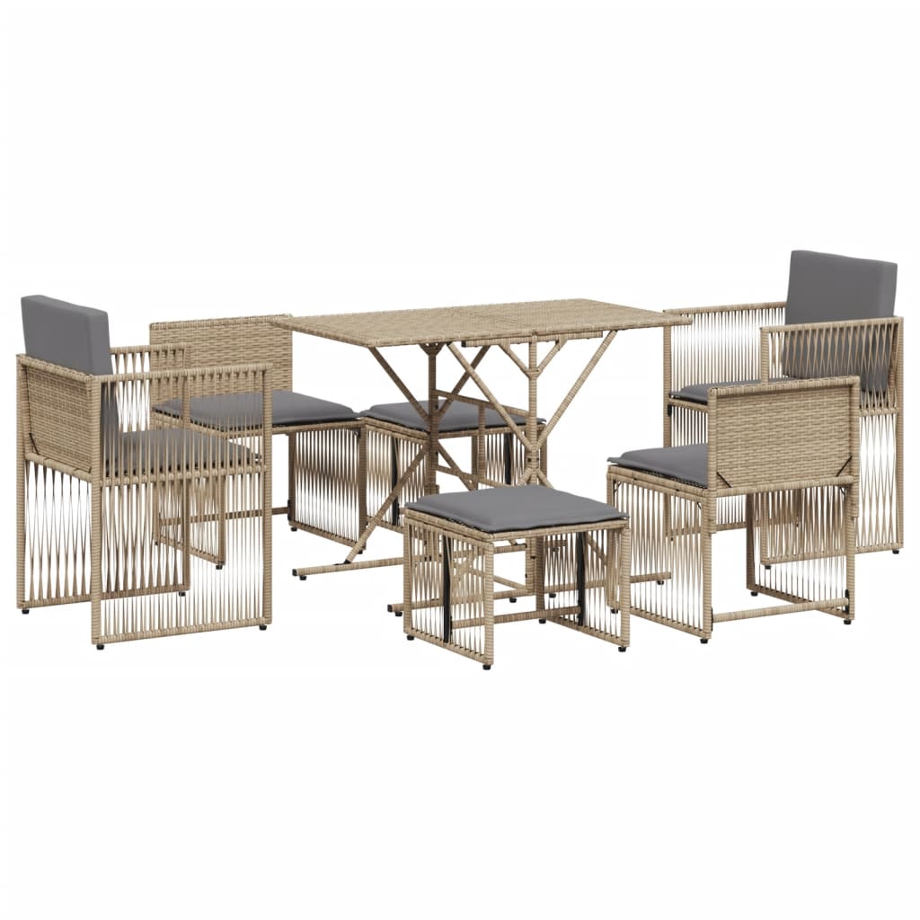 spisebordssæt til haven 7 dele med hynder polyrattan beige