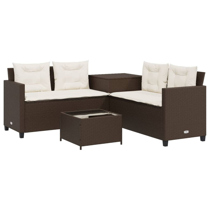 havesofa med bord og hynder L-formet polyrattan brun