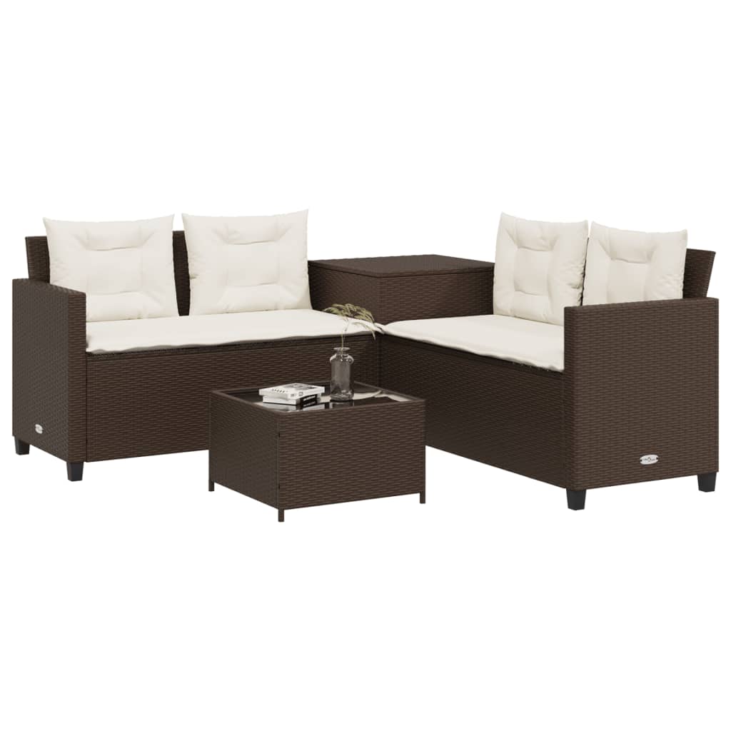 havesofa med bord og hynder L-formet polyrattan brun