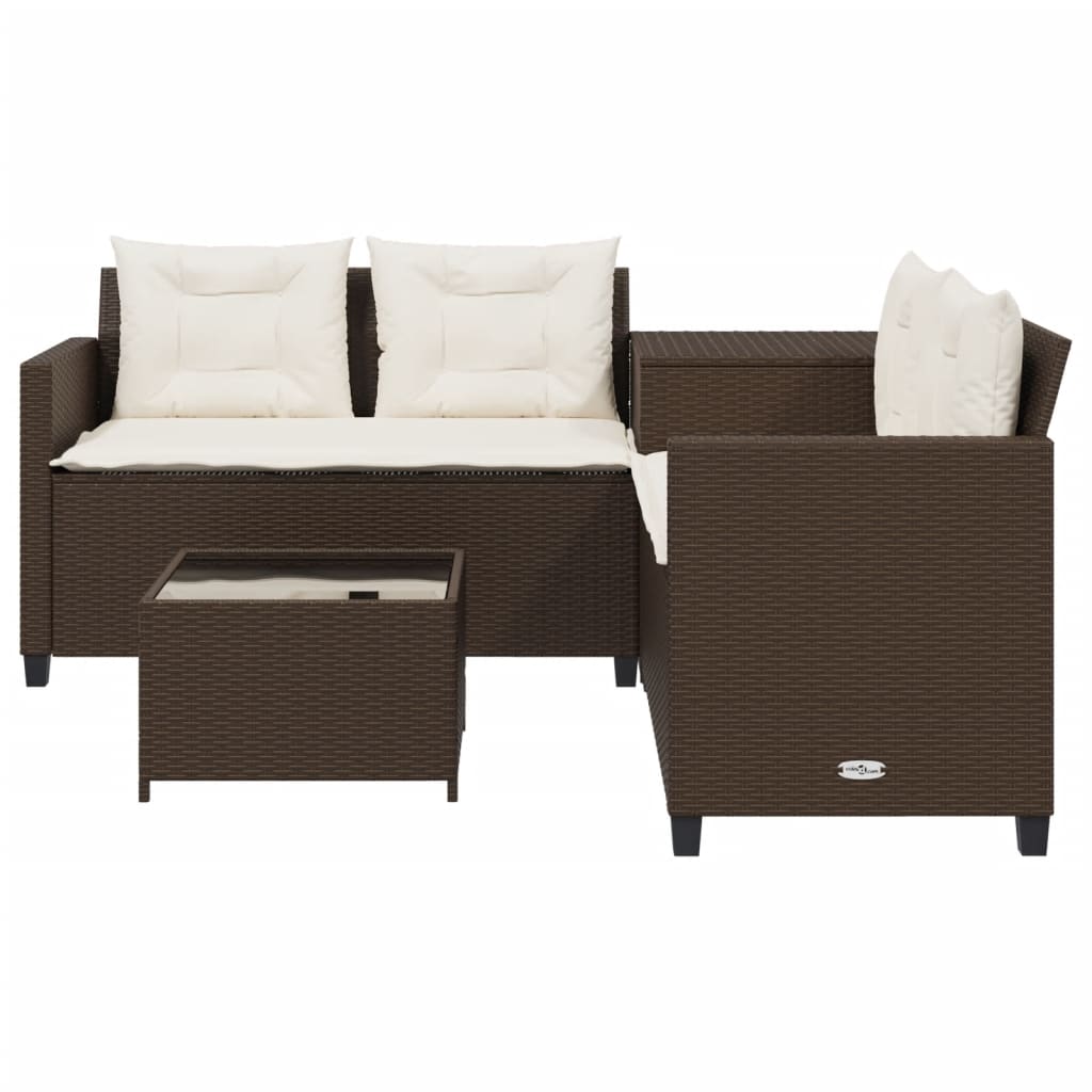 havesofa med bord og hynder L-formet polyrattan brun