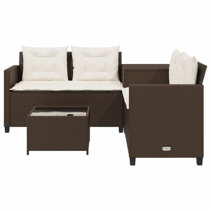 havesofa med bord og hynder L-formet polyrattan brun