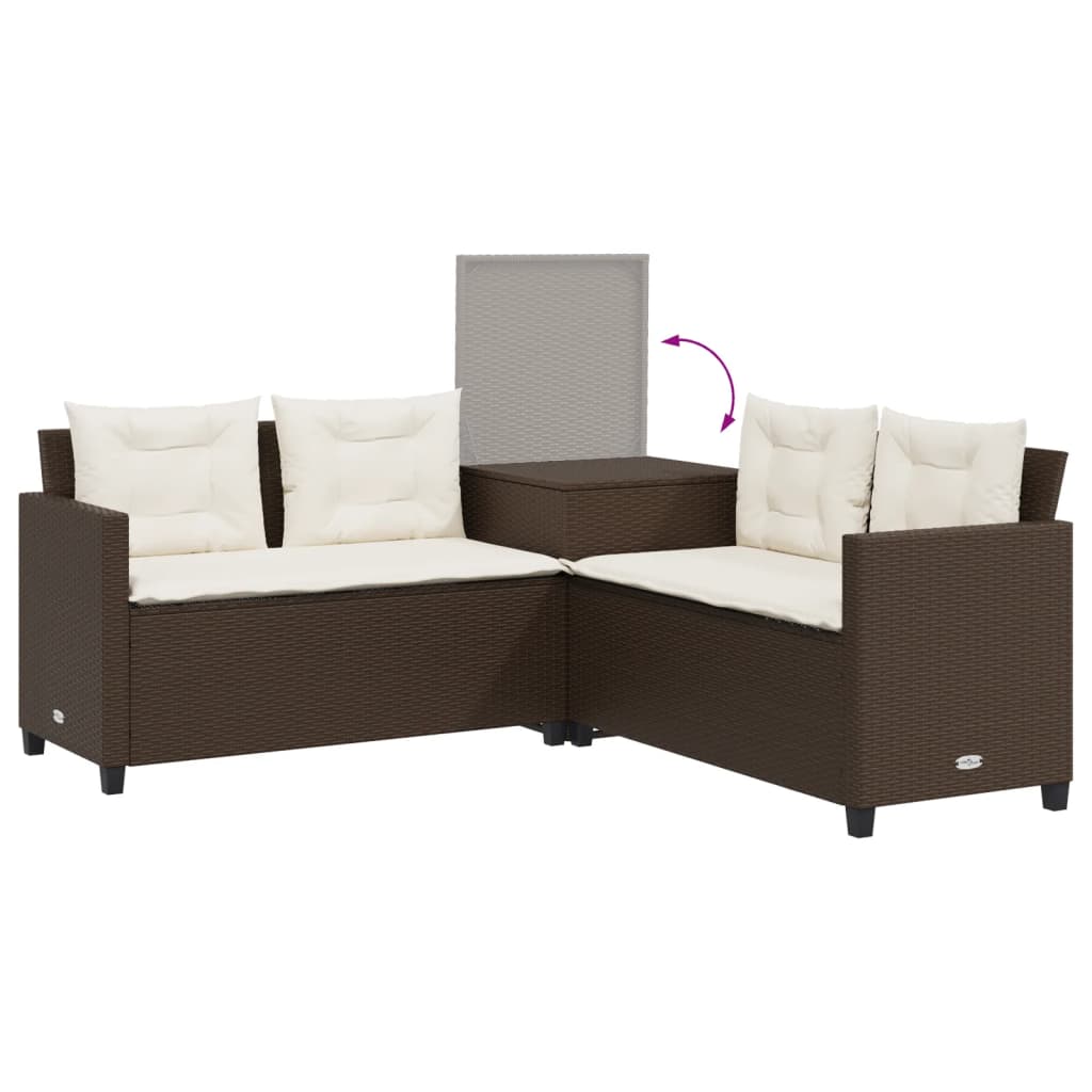 havesofa med bord og hynder L-formet polyrattan brun