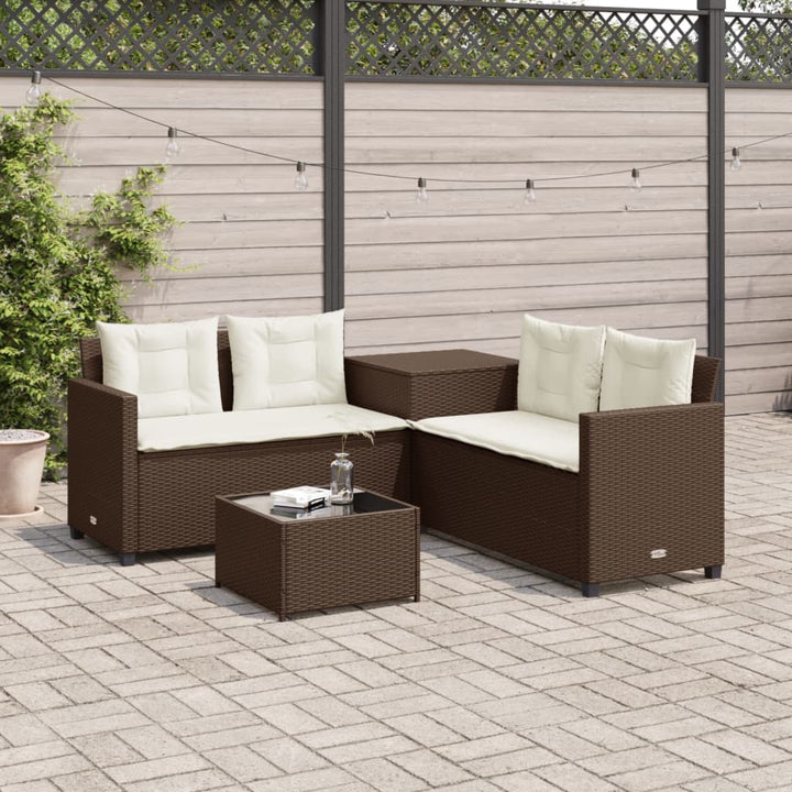 havesofa med bord og hynder L-formet polyrattan brun