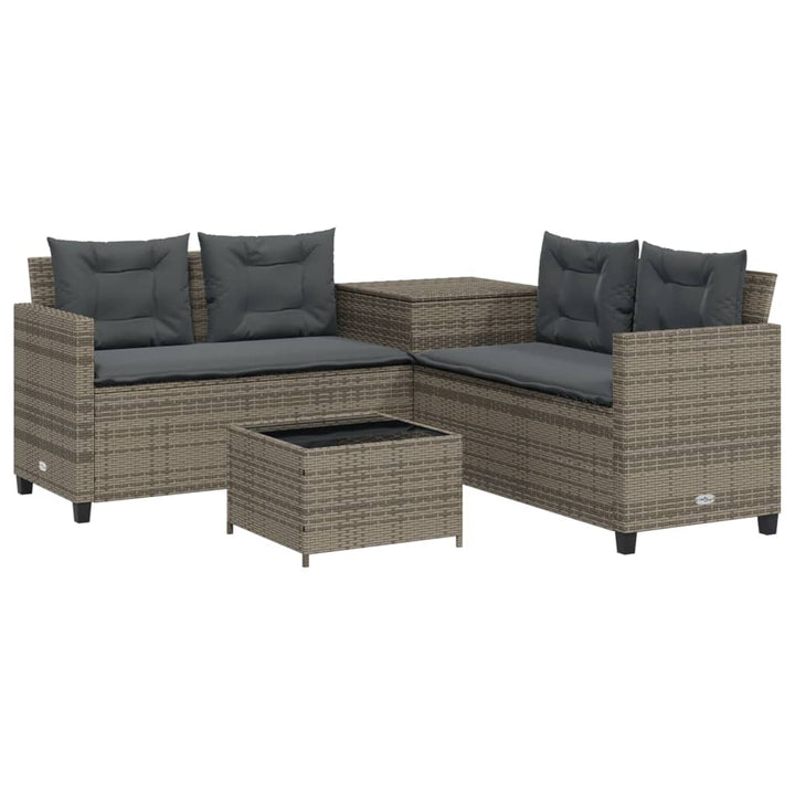 havesofa med bord og hynder L-formet polyrattan grå