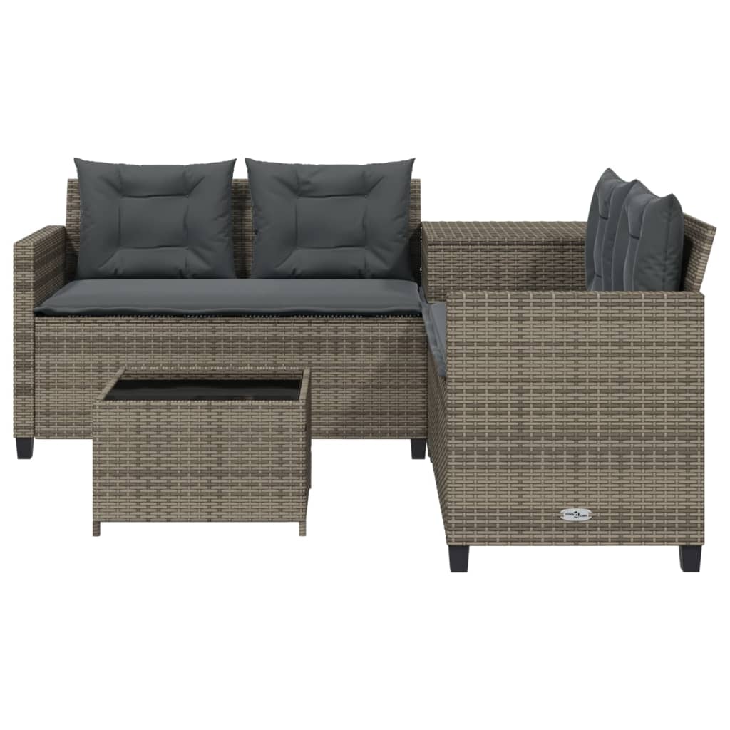 havesofa med bord og hynder L-formet polyrattan grå