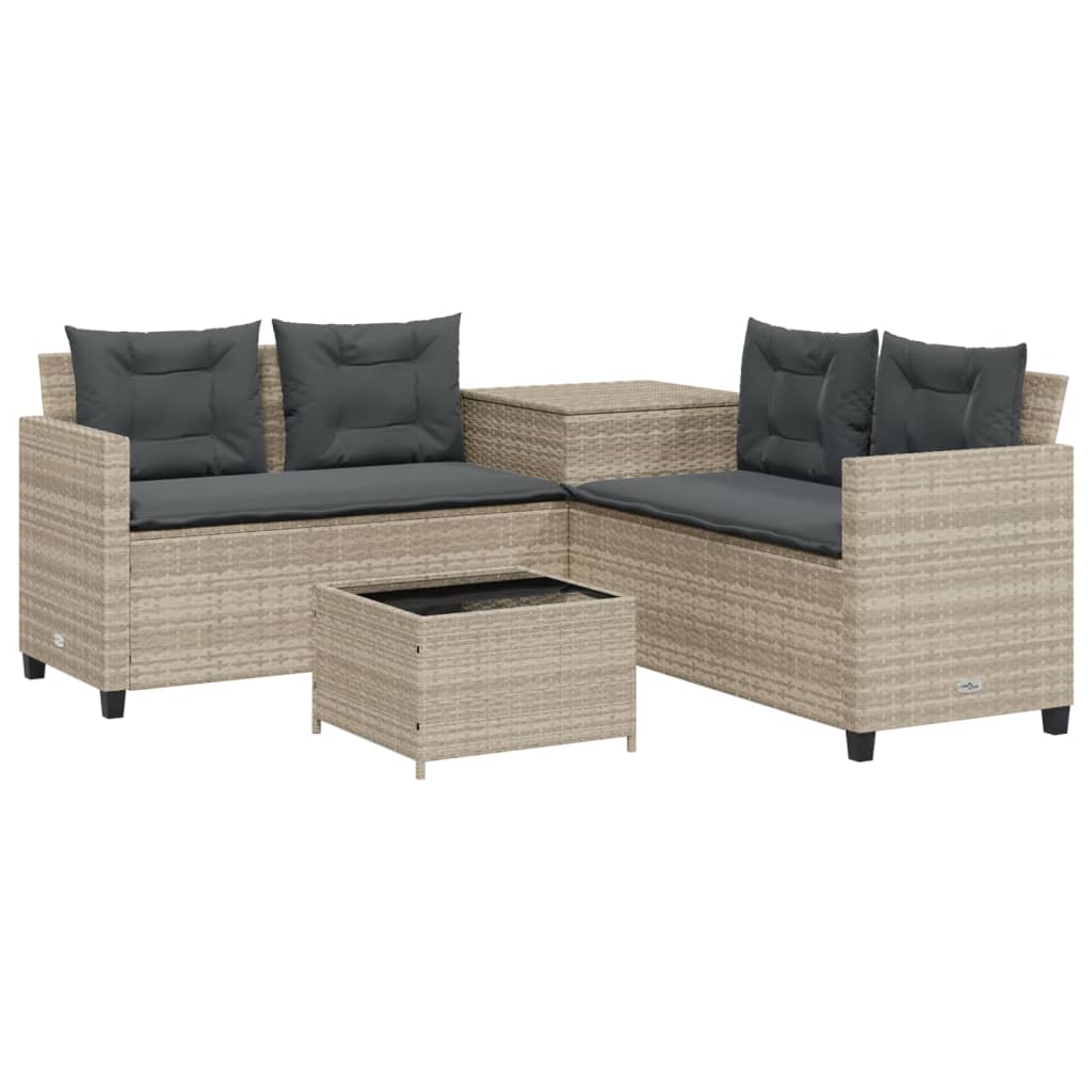 havesofa med bord og hynder L-formet polyrattan lysegrå