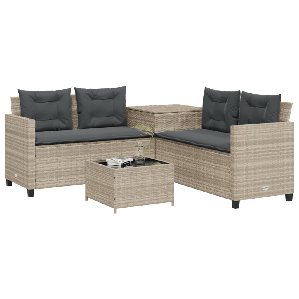 havesofa med bord og hynder L-formet polyrattan lysegrå