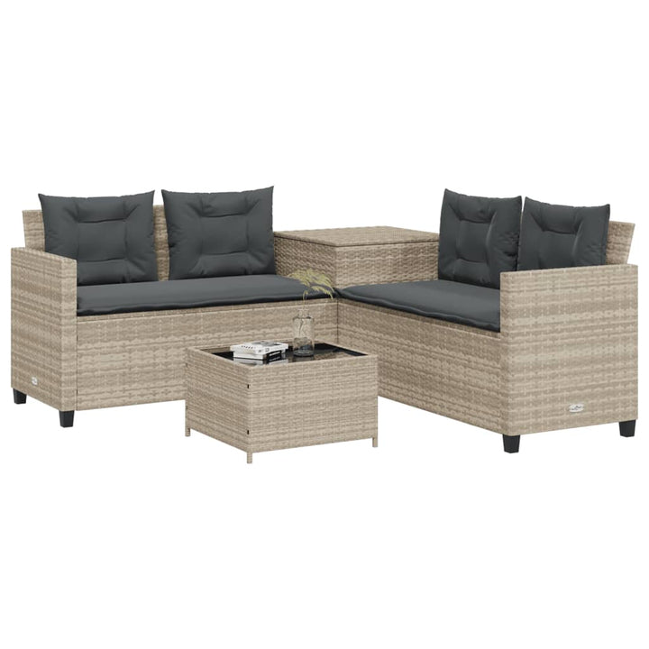 havesofa med bord og hynder L-formet polyrattan lysegrå