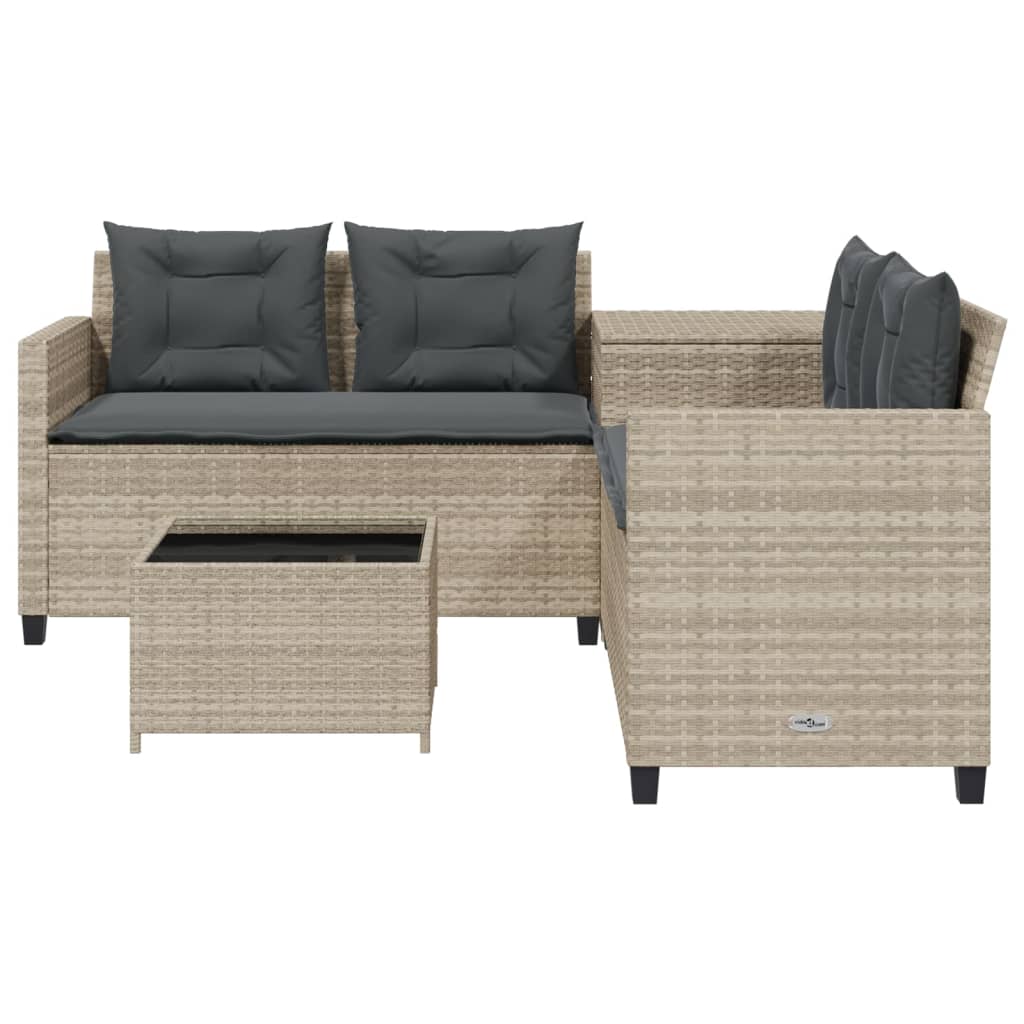 havesofa med bord og hynder L-formet polyrattan lysegrå