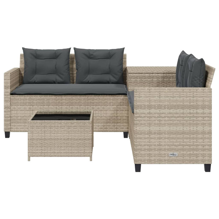 havesofa med bord og hynder L-formet polyrattan lysegrå