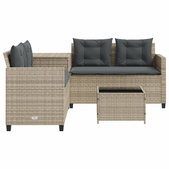 havesofa med bord og hynder L-formet polyrattan lysegrå