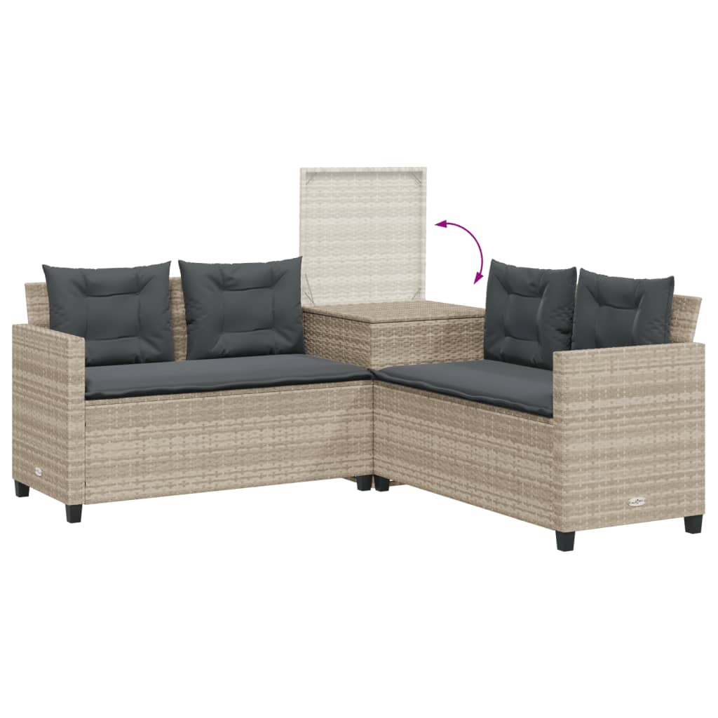 havesofa med bord og hynder L-formet polyrattan lysegrå