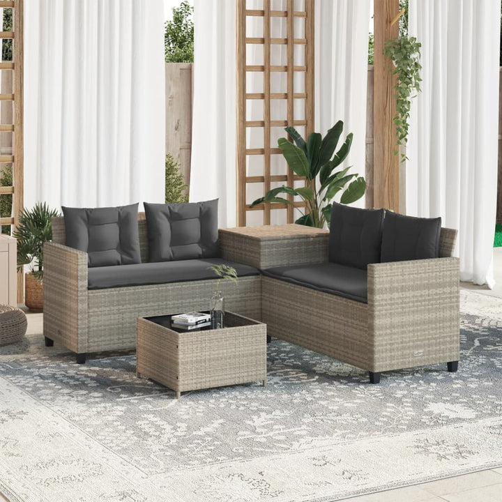 havesofa med bord og hynder L-formet polyrattan lysegrå