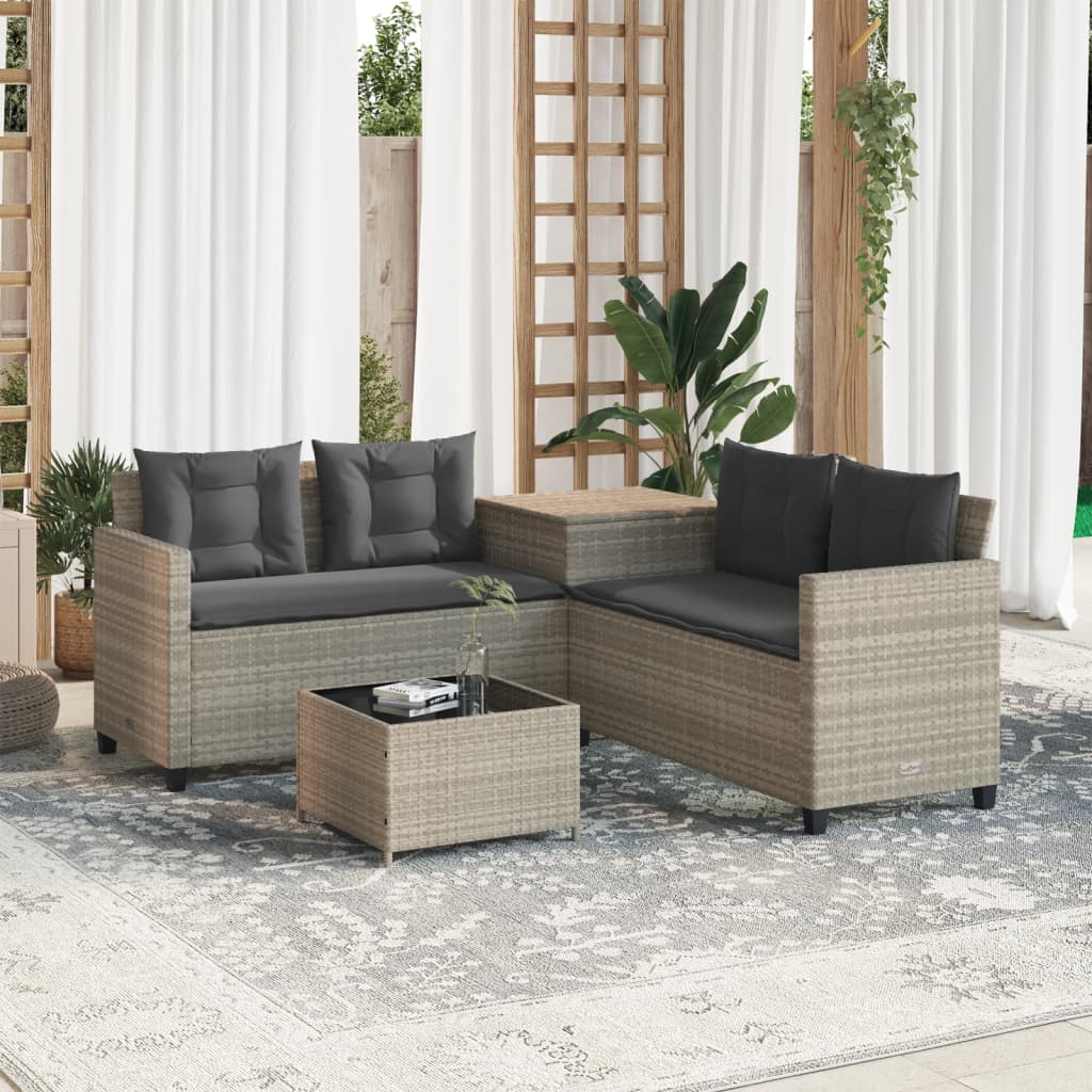 havesofa med bord og hynder L-formet polyrattan lysegrå