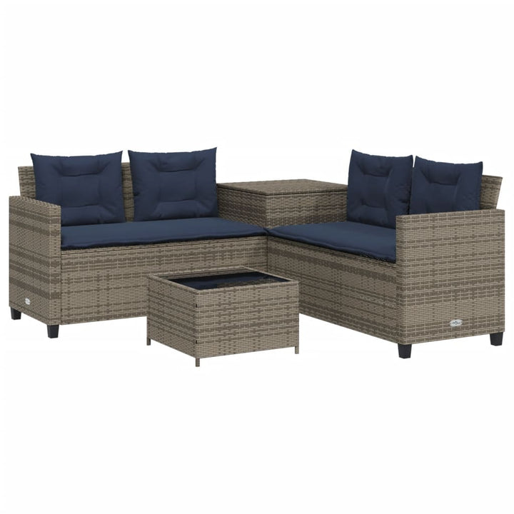 havesofa med bord og hynder L-formet grå polyrattan
